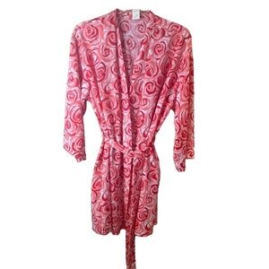 Cruz Pink Floral Kimono Robe Long Sleeves Self Tie Belt Medium
